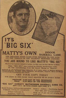 Big Six, Christy Mathewson Game Co, circa 1921 advertisement